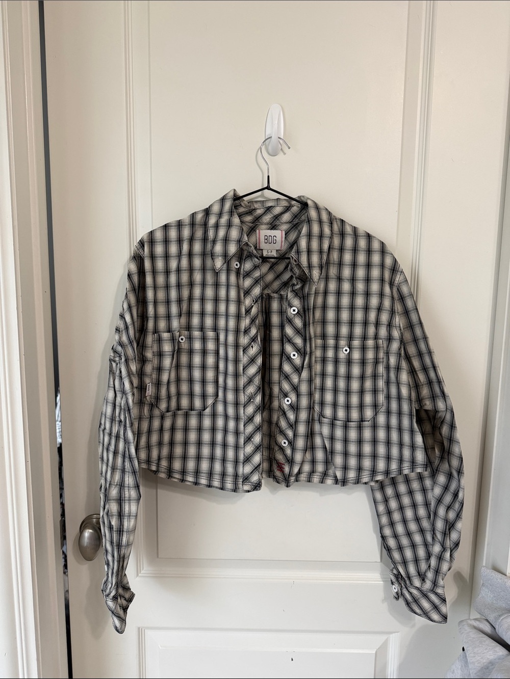 BDG Black & White Cropped Plaid Button-Up Jacket
